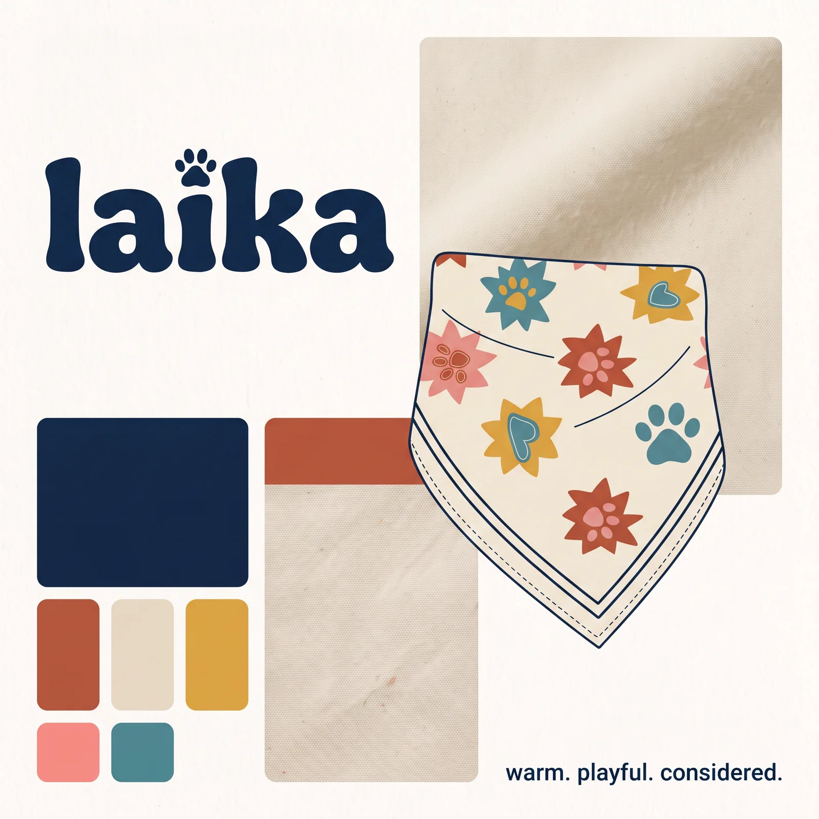 A Laïka visual identity board with its navy wordmark, warm colour palette and patterned dog bandana.
