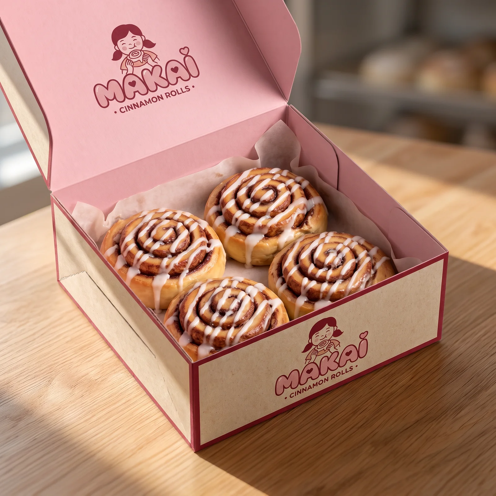 An open pink Makai cinnamon roll box filled with iced cinnamon rolls.