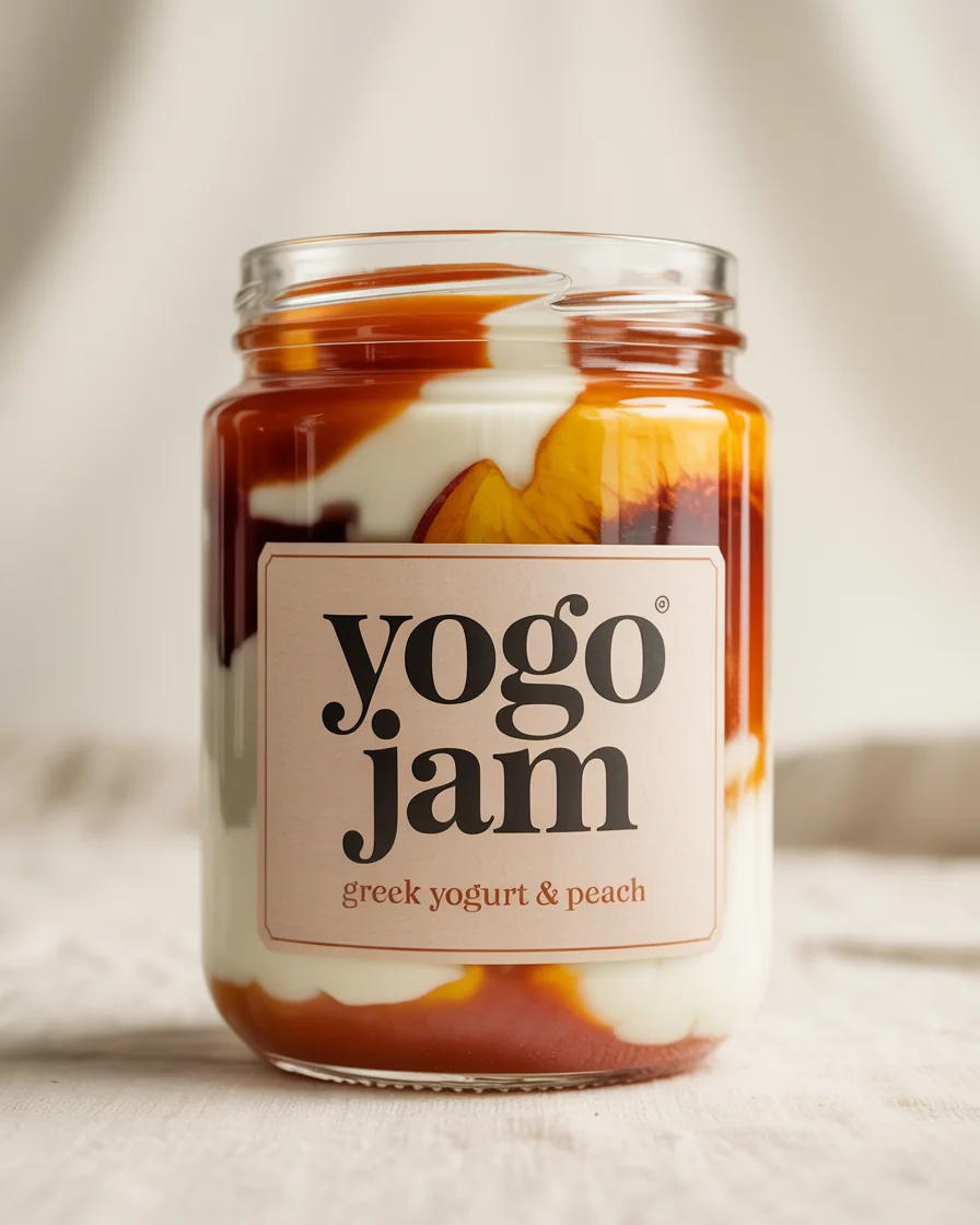 A glass Yogo Jam jar with creamy yoghurt and golden peach swirls photographed in warm window light.